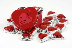 Heart-shaped box with heart-shaped chocolates